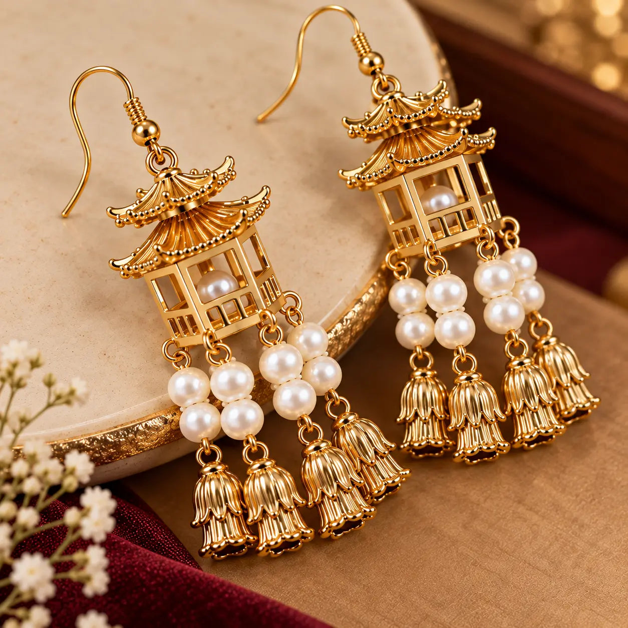 Ornate_Gold_Pagoda_Pearl_Earrings